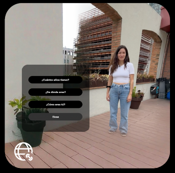 A screenshot of a woman standing on an outside patio with four questions in spanish to her left, illustrating an interactive question.