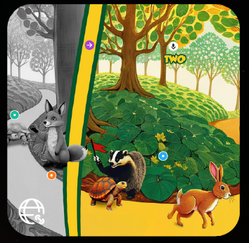 A screenshot of an example of a Thinglink activity with a cartoon image of a fox, turtle, badger, and rabbit in a forest with buttons around them for the activity.