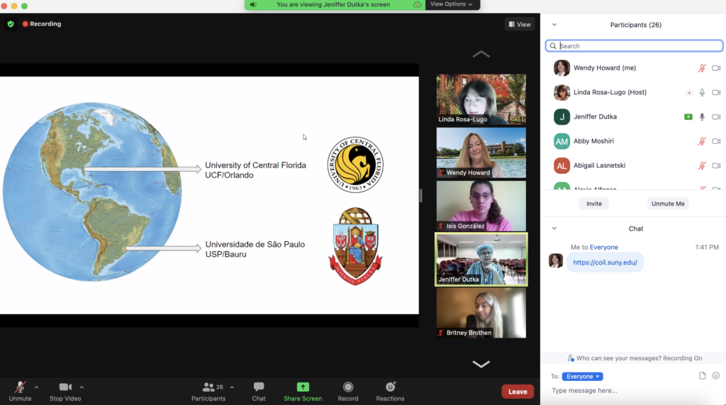 A screenshot from a zoom meeting with individuals from UCF and Universidade de Sao Paulo.