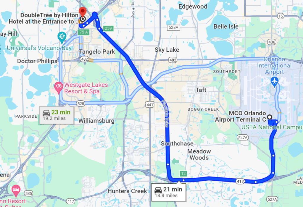 Map showing MCO to DoubleTree by Hilton Hotel at the Entrance to Universal Orlando