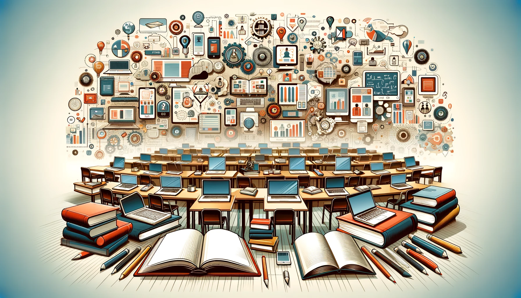 dynamic and stylized classroom filled with open books and laptops on desks, overlaid by a bustling cloud of educational and technological symbols that represent the fusion of traditional learning with digital innovation